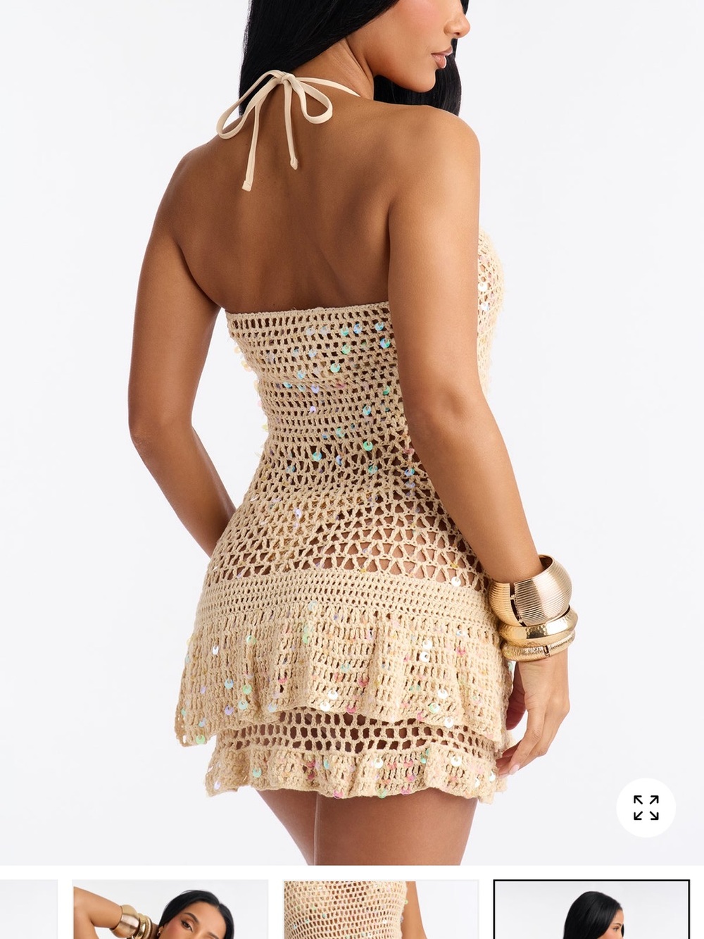 Beige Crochet Halter Mini Dress - Women's Summer Cover-Up